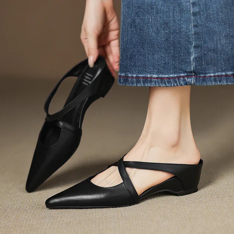 Victoria | Pointed-Toe Cross-Strap Leather Slip-On Mules