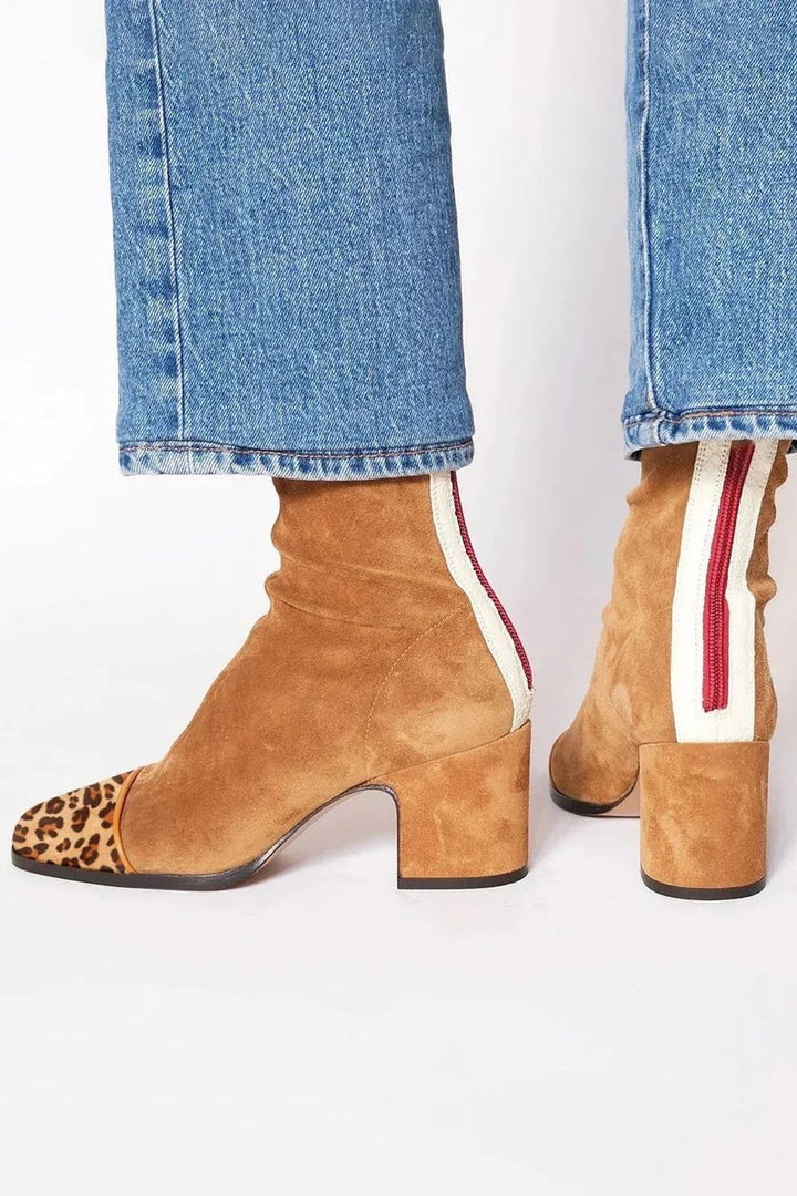 Vivienne | Bold Suede Ankle Boots with Leopard-Print Accents