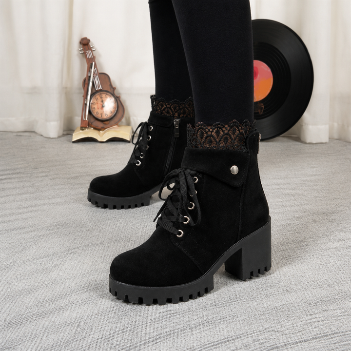 Lacevoya | Lace-Up Chunky Heel Ankle Booties for Women