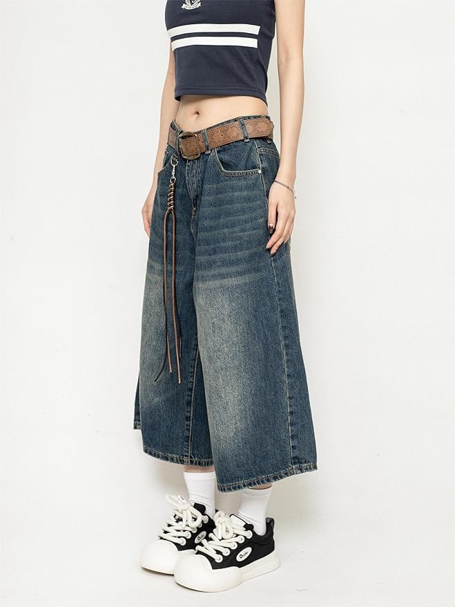 Chloe | Retro-Washed And Edgy Wide Leg Denim Culottes