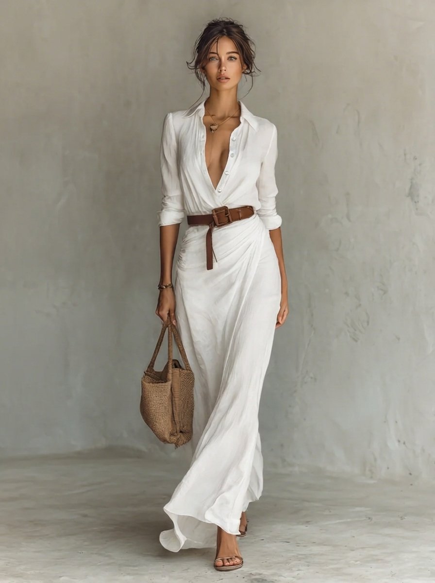 Laura | Robe-chemise longue à manches longues avec ceinture