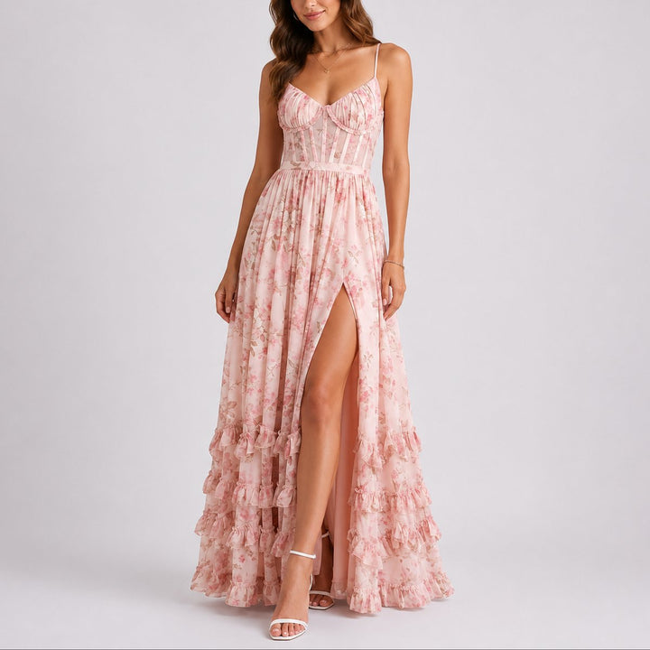 Sophie | Robe longue moderne à corset floral pour mariage d’automne