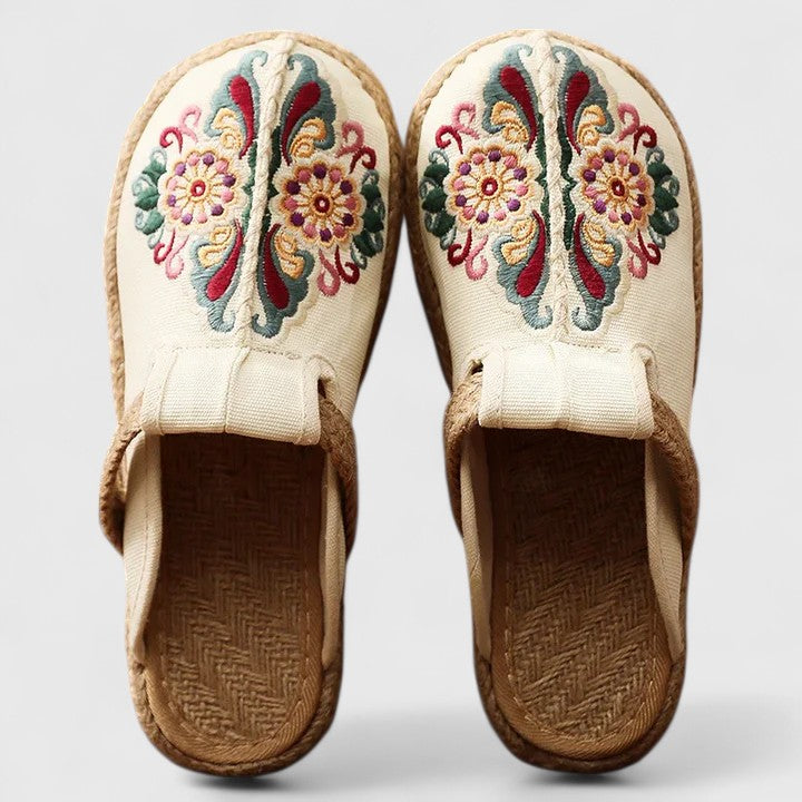 Iris | Floral Embroidered Natural Jute Mules