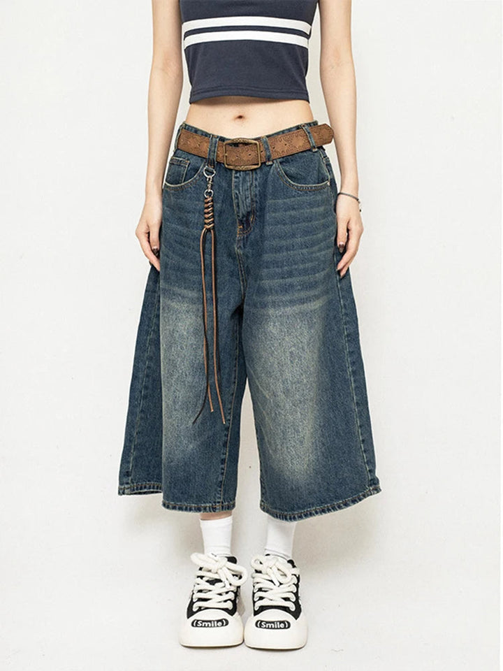 Chloe | Retro-Washed And Edgy Wide Leg Denim Culottes