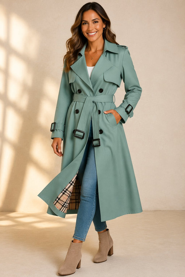 Rebecca | Elegant Long Double-Breasted Belted Trench Coat