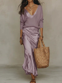Hannah | Abito midi a due pezzi con sottoveste in raso e maglia a coste a maniche lunghe