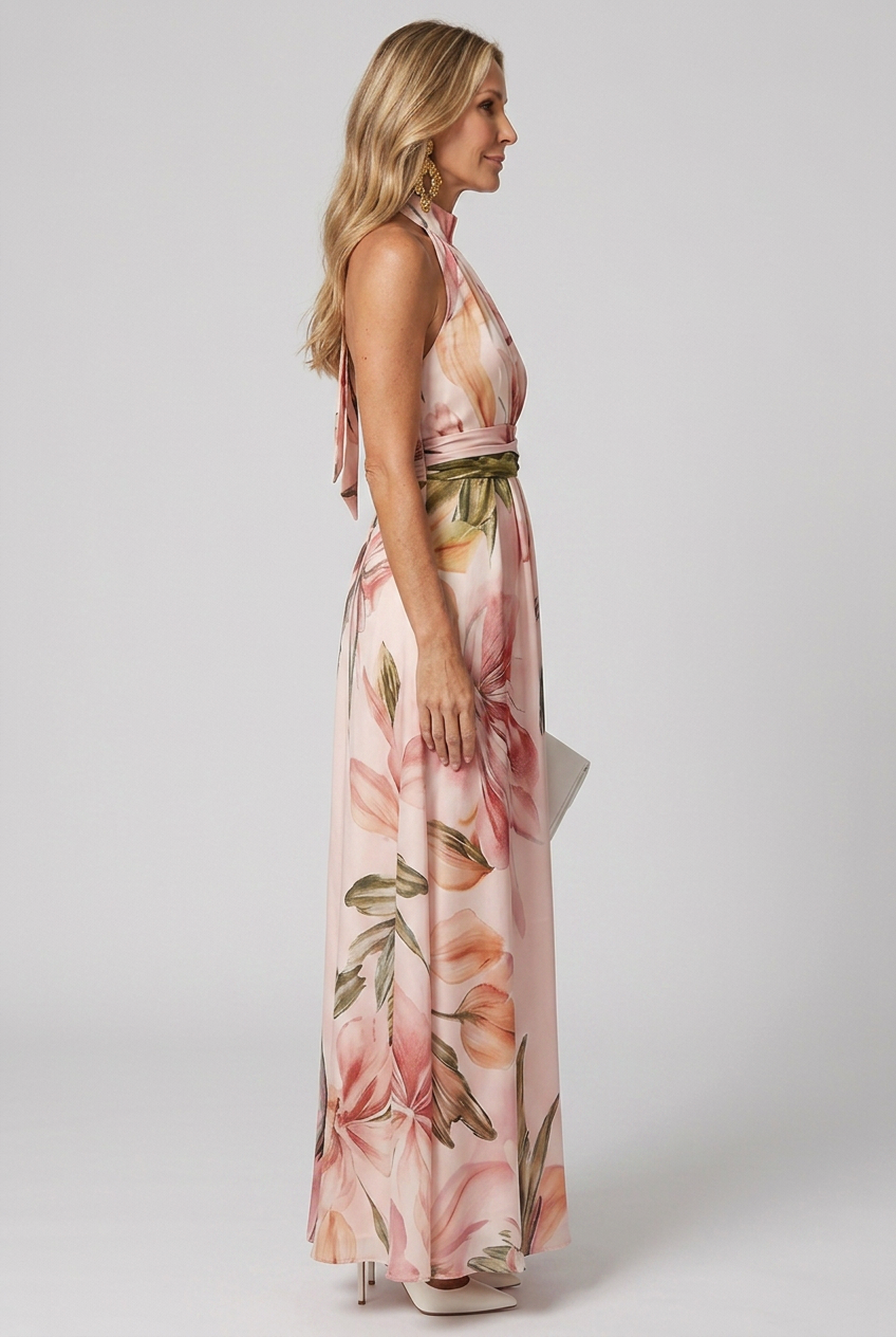 Floral Halter Maxi Dress with Open Back Detail