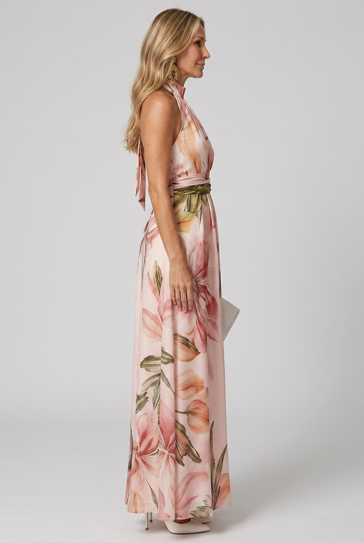 Floral Halter Maxi Dress with Open Back Detail