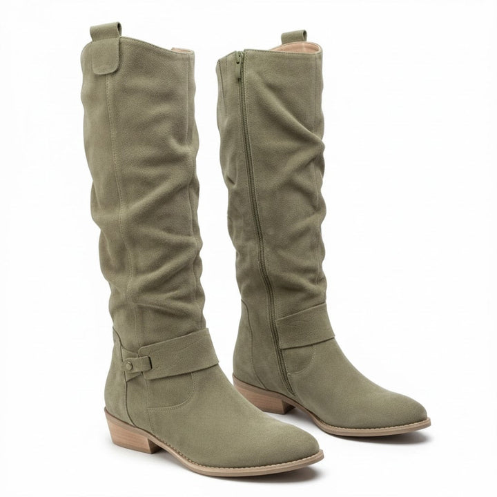Amy | Schicke, lässig fallende kniehohe Stiefel mit Riemchen