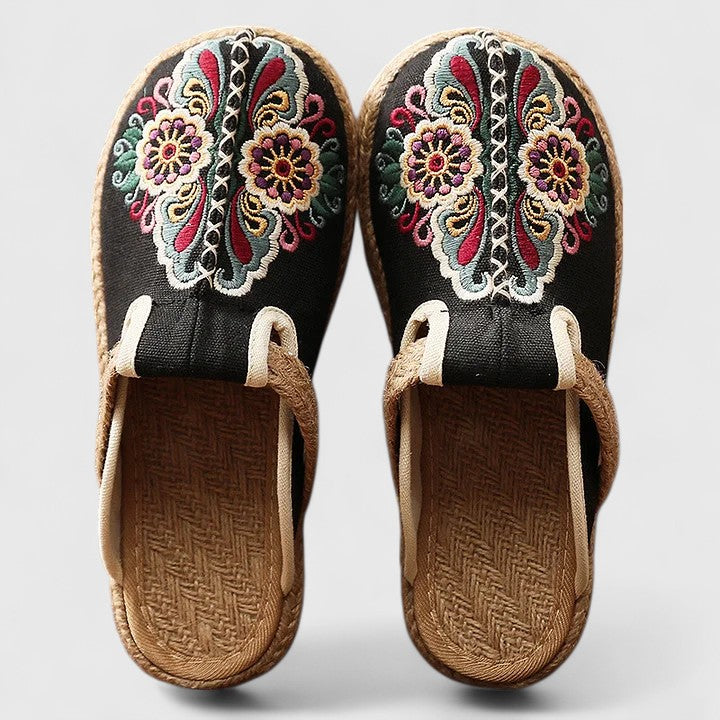 Iris | Floral Embroidered Natural Jute Mules