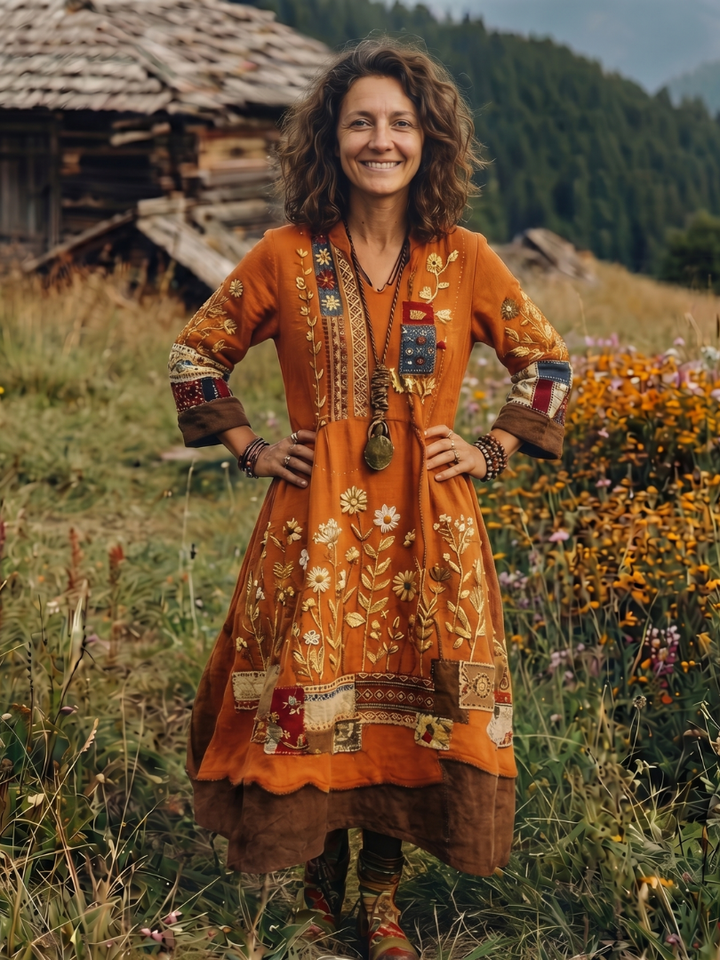 Alix | Midi Dress – Embroidered Panel Style for Women