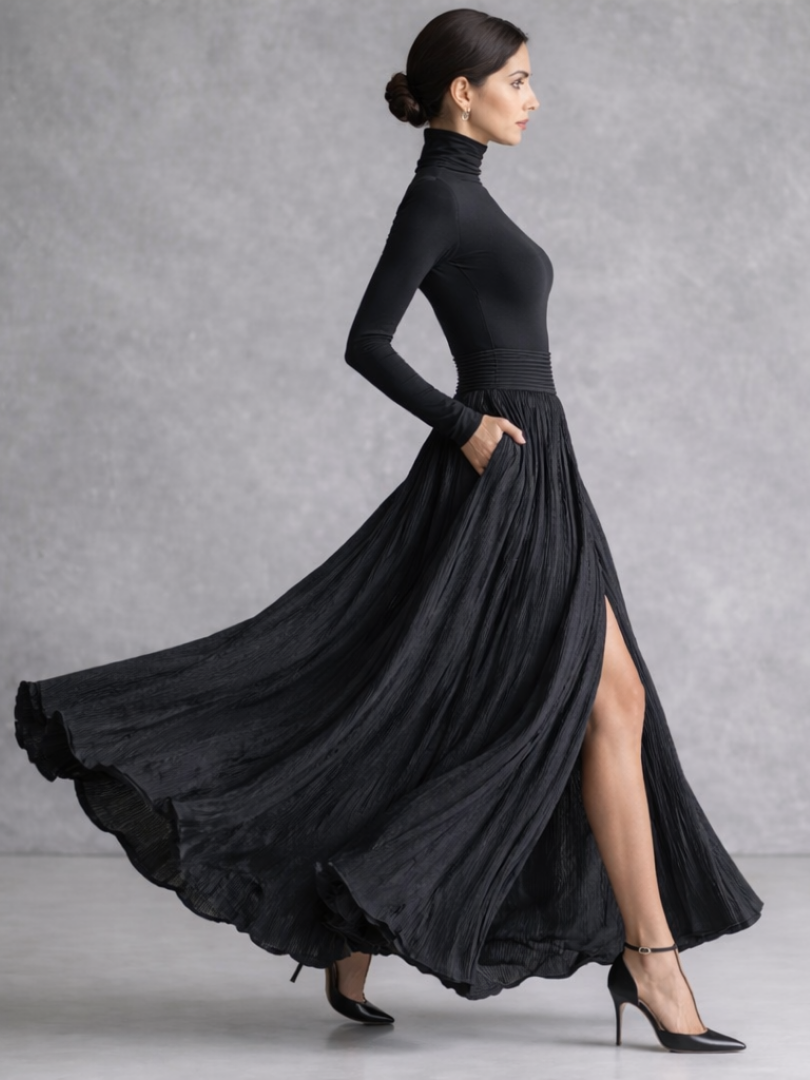 Isla | Flowing Pleated Maxi Dress with Turtleneck