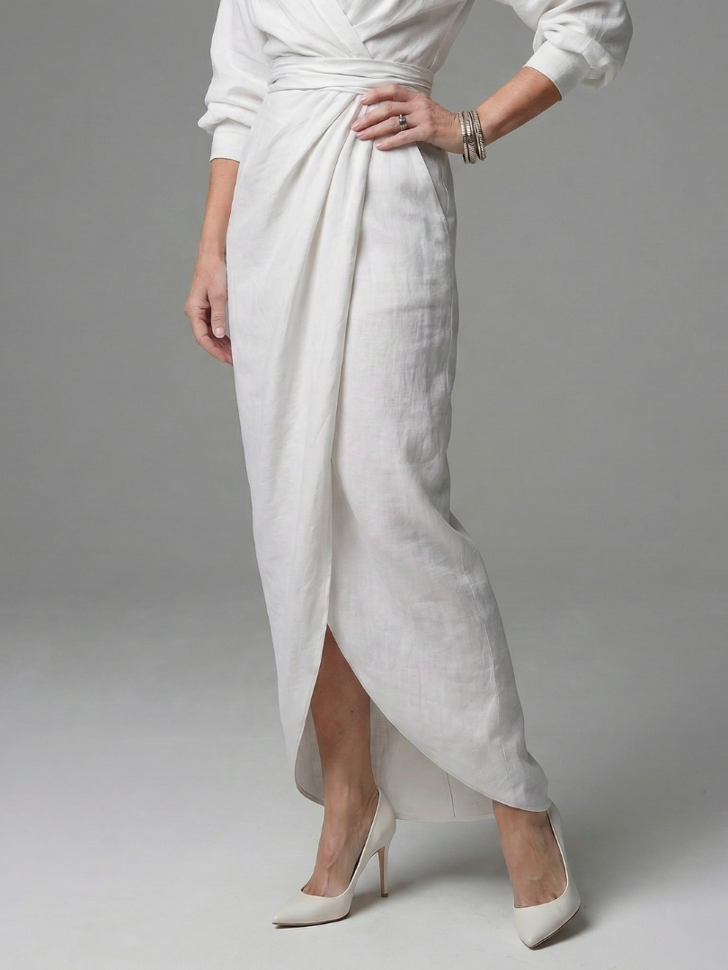 Olympia | Diagonal Drape Maxi Dress – Lightweight Long Sleeve Fit for Women