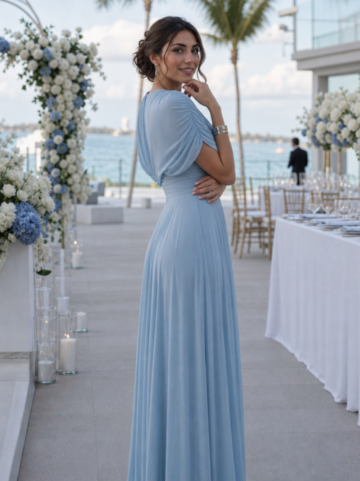 Draped One-Shoulder Maxi Dress in Soft Blue
