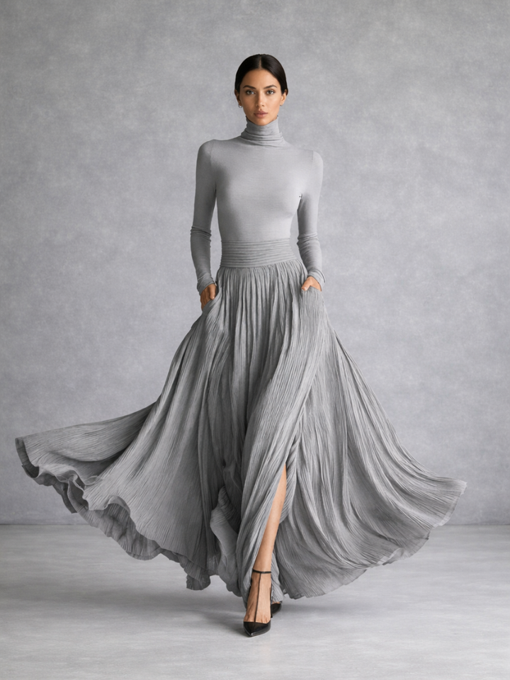 Isla | Flowing Pleated Maxi Dress with Turtleneck