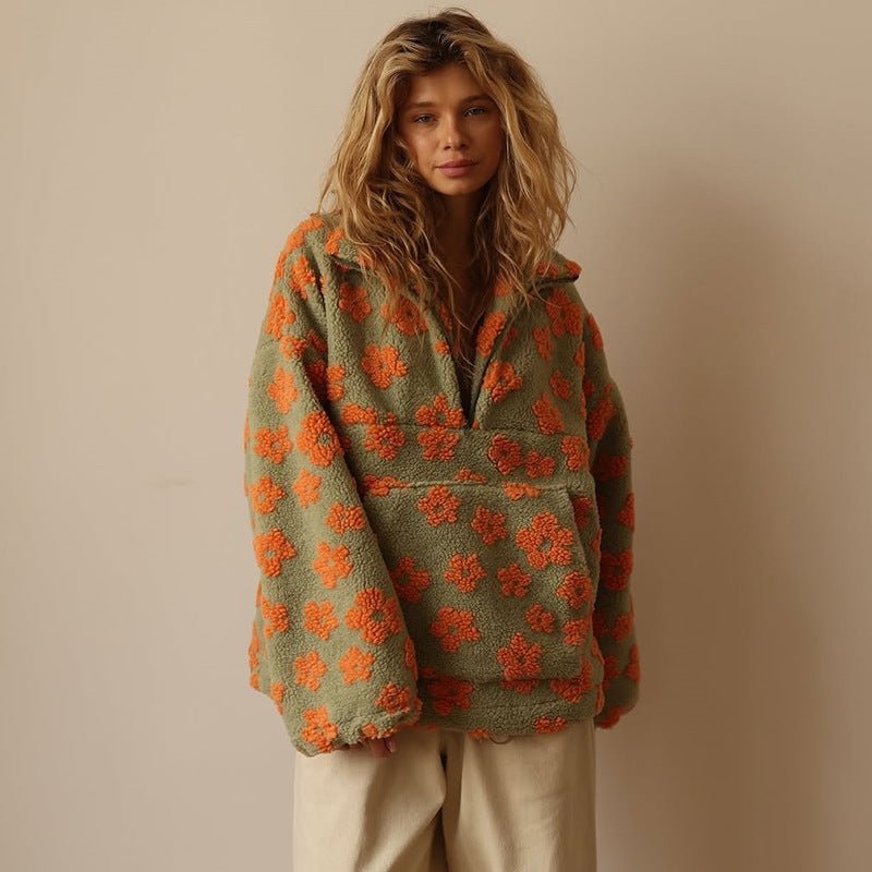 Hazel | Oversized Floral Teddy Fleece Half-Zip Sweater