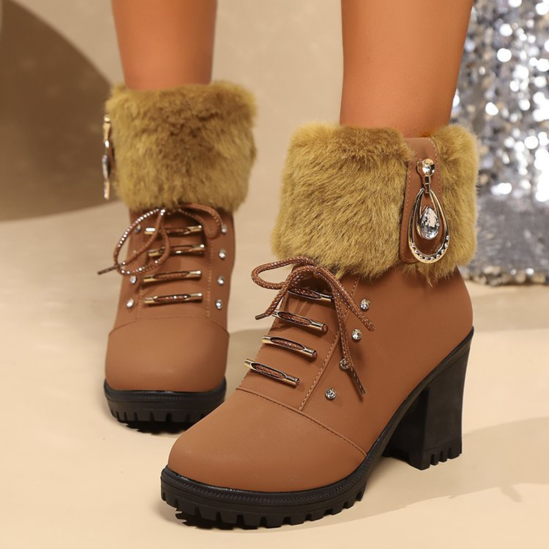 Velurea | Faux Fur Winter Boots – Elegant Block Heel for Women