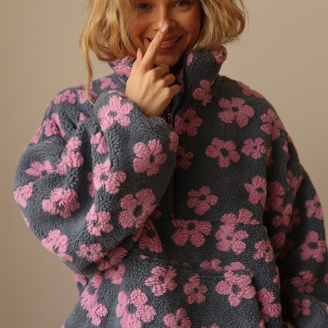 Hazel | Oversized Floral Teddy Fleece Half-Zip Sweater