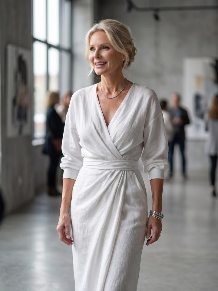 Olympia | Diagonal Drape Maxi Dress – Lightweight Long Sleeve Fit for Women