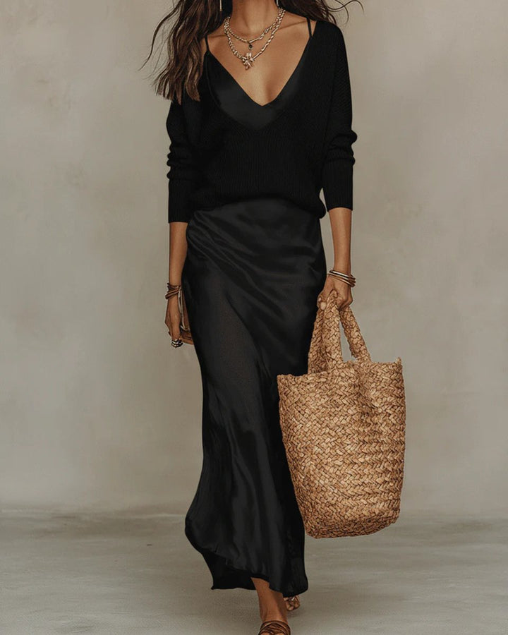 Hannah | Abito midi a due pezzi con sottoveste in raso e maglia a coste a maniche lunghe