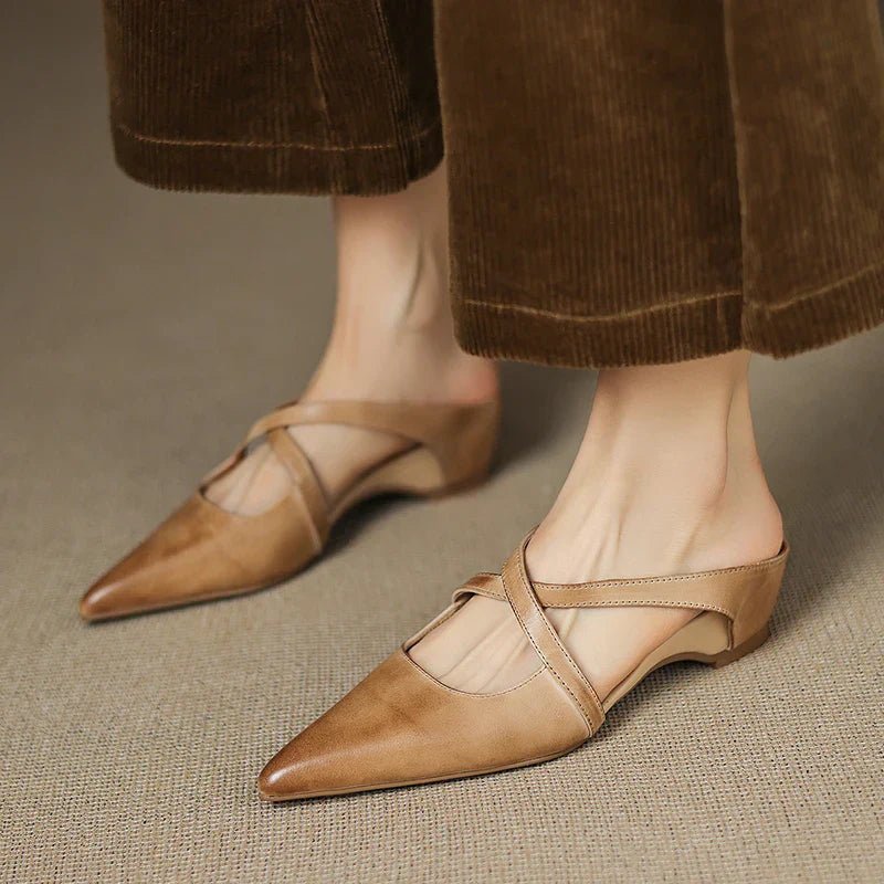 Victoria | Pointed-Toe Cross-Strap Leather Slip-On Mules