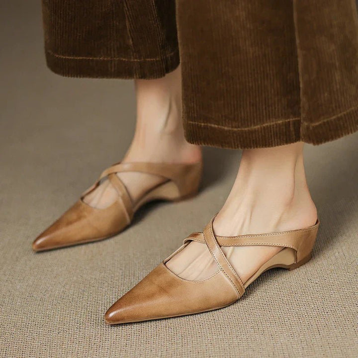 Victoria | Pointed-Toe Cross-Strap Leather Slip-On Mules