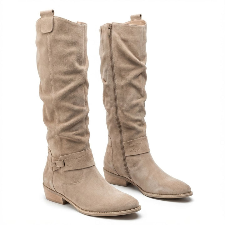 Amy | Schicke, lässig fallende kniehohe Stiefel mit Riemchen