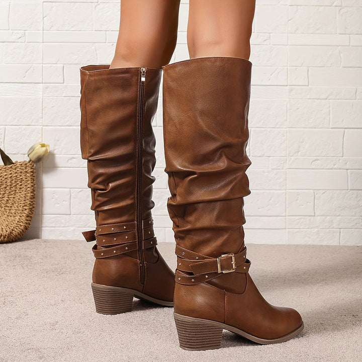 Erin | Edgy Studded Buckle Knee High Boots