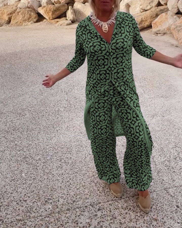 Clara | Chic Geometric Printed V-Neck Tunic & Wide-Leg Pants Set
