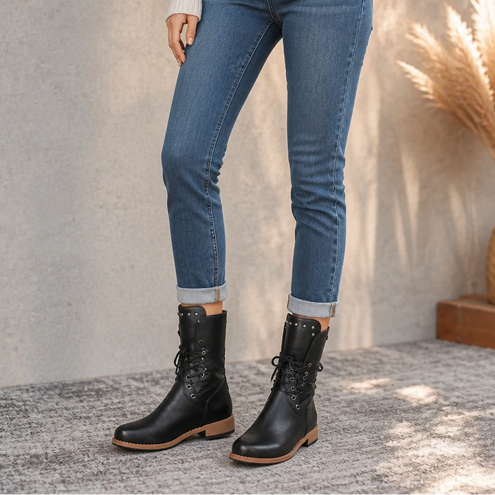 Calvera | Mid-Calf Combat Boots – Adjustable Wrap Laces for Women