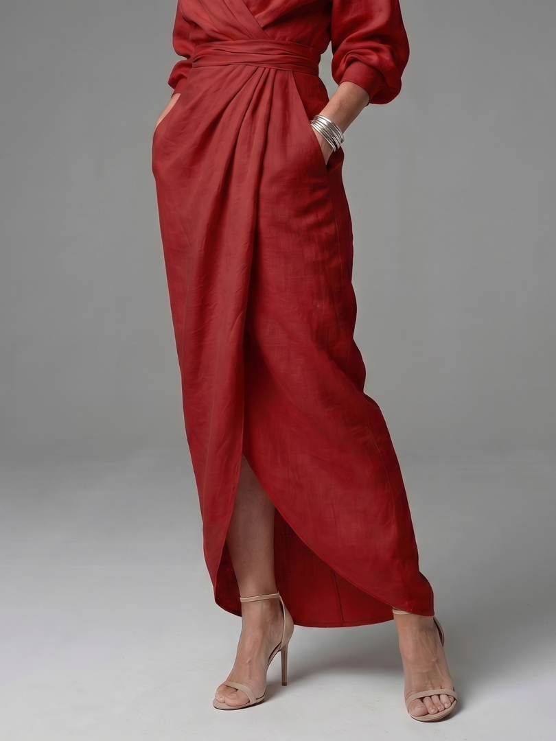 Olympia | Diagonal Drape Maxi Dress – Lightweight Long Sleeve Fit for Women