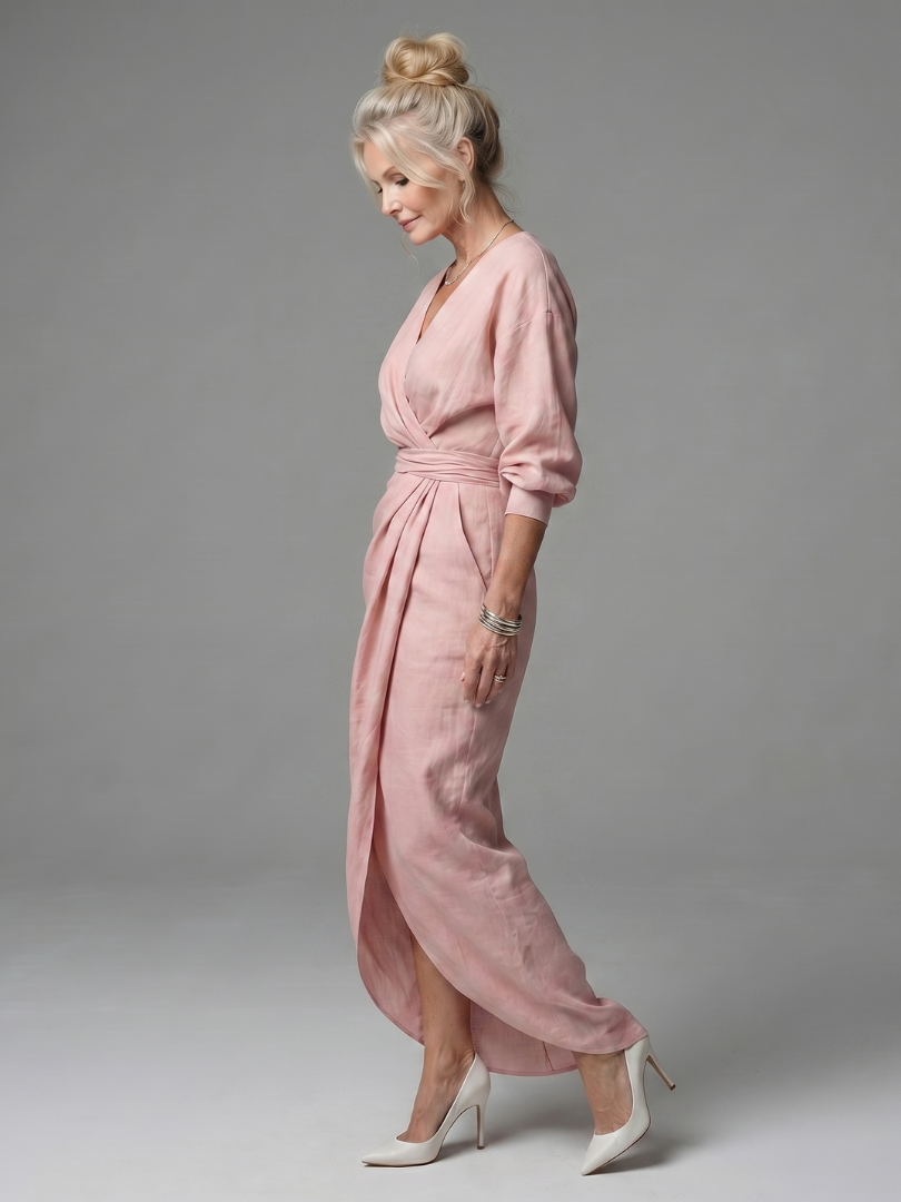 Olympia | Diagonal Drape Maxi Dress – Lightweight Long Sleeve Fit for Women