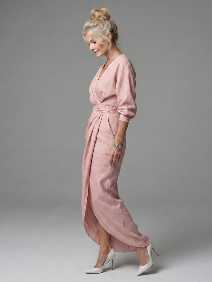 Olympia | Diagonal Drape Maxi Dress – Lightweight Long Sleeve Fit for Women