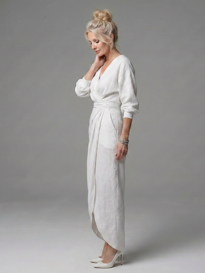 Olympia | Diagonal Drape Maxi Dress – Lightweight Long Sleeve Fit for Women