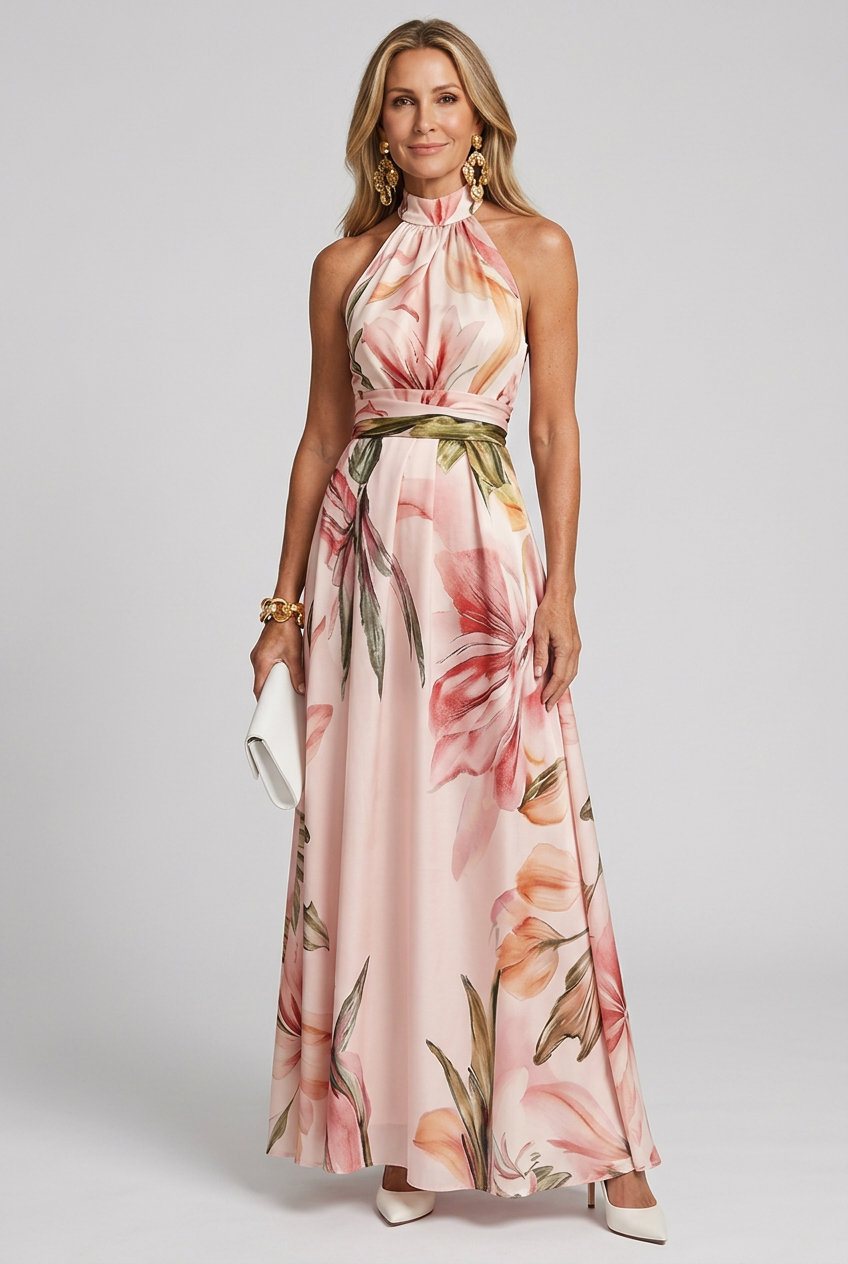 Floral Halter Maxi Dress with Open Back Detail