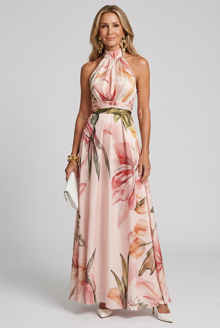Floral Halter Maxi Dress with Open Back Detail