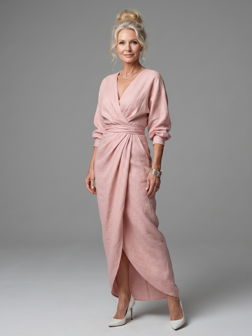 Olympia | Diagonal Drape Maxi Dress – Lightweight Long Sleeve Fit for Women