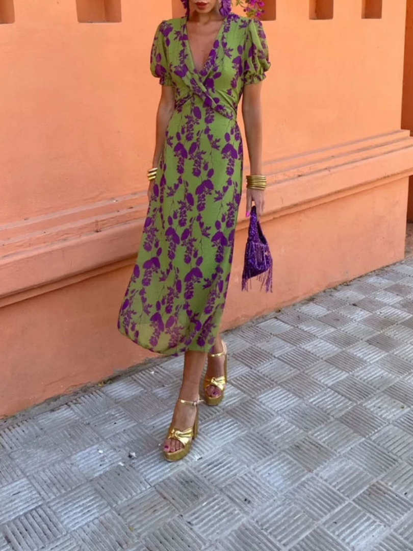 Clara | Midi Dress – Short Sleeve Floral V Neck Style