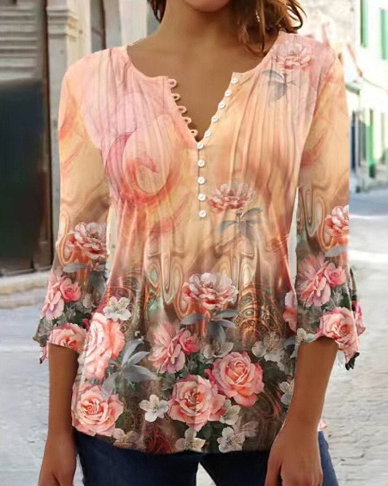 Amelia | Elegant and Breathable Floral Henley Blouse 7
