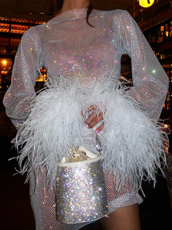Aspyn | Shimmering Sequined Homecoming Dress with Elegant Feathered Cuffs 5