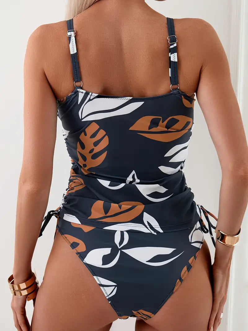 Ava | Flattering And Comfortable Tropical V-Neck Tankini Set 1