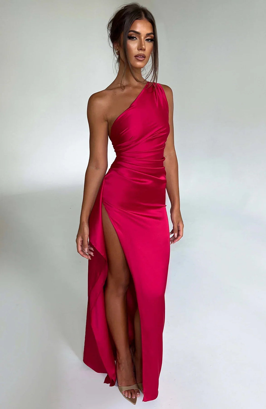 Ava | One Shoulder Pleated Split Satin Dress 0