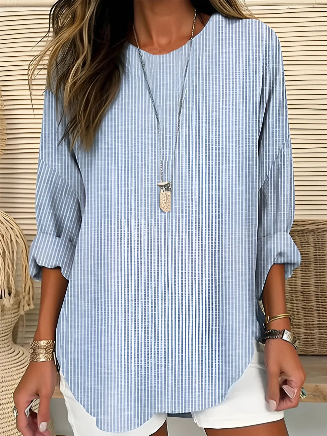 Camila | Relaxed Striped Crew Neck Long Sleeve Blouse 0
