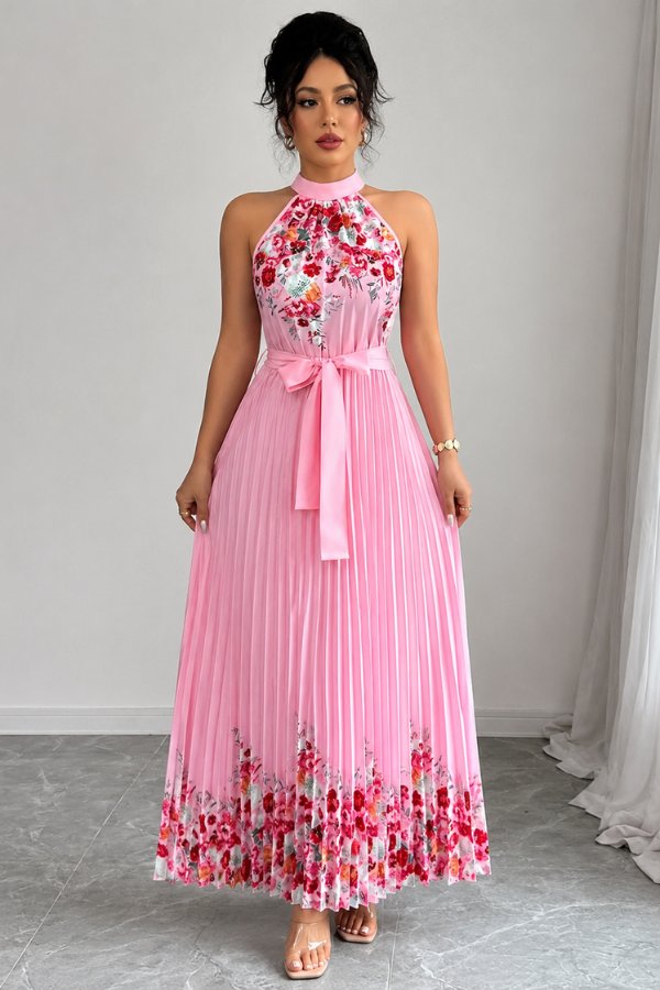 Charlie | Floral Pleated Halter Midi Dress 0