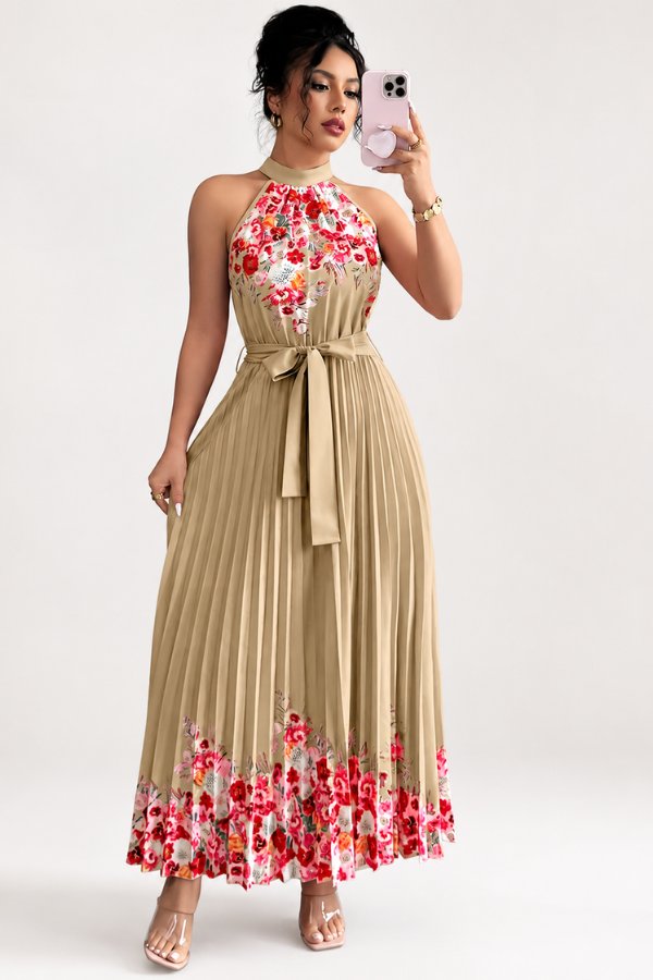 Charlie | Floral Pleated Halter Midi Dress 12