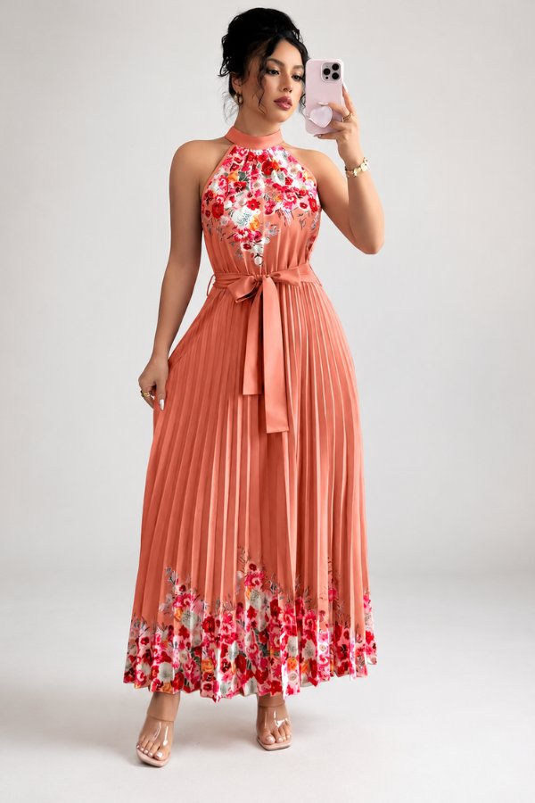 Charlie | Floral Pleated Halter Midi Dress 13