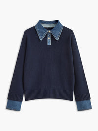 Maya | Elegant And Soft Denim-Collar Knit Polo Sweater