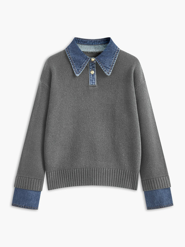 Charlotte | Comfortable And Warm Denim-Collar Knit Polo Sweater 6