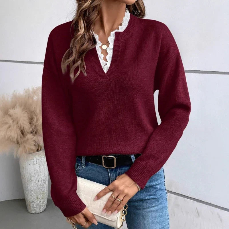 Charlotte | Elegant V-neck knit sweater with delicate lace trim 5