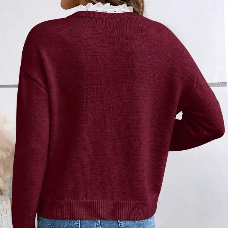 Charlotte | Elegant V-neck knit sweater with delicate lace trim 7